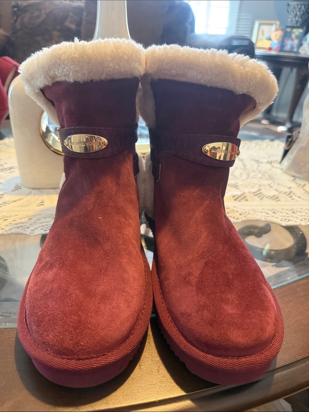 Michael Kors Burgundy Suede Shearling-Lined Winter Boots